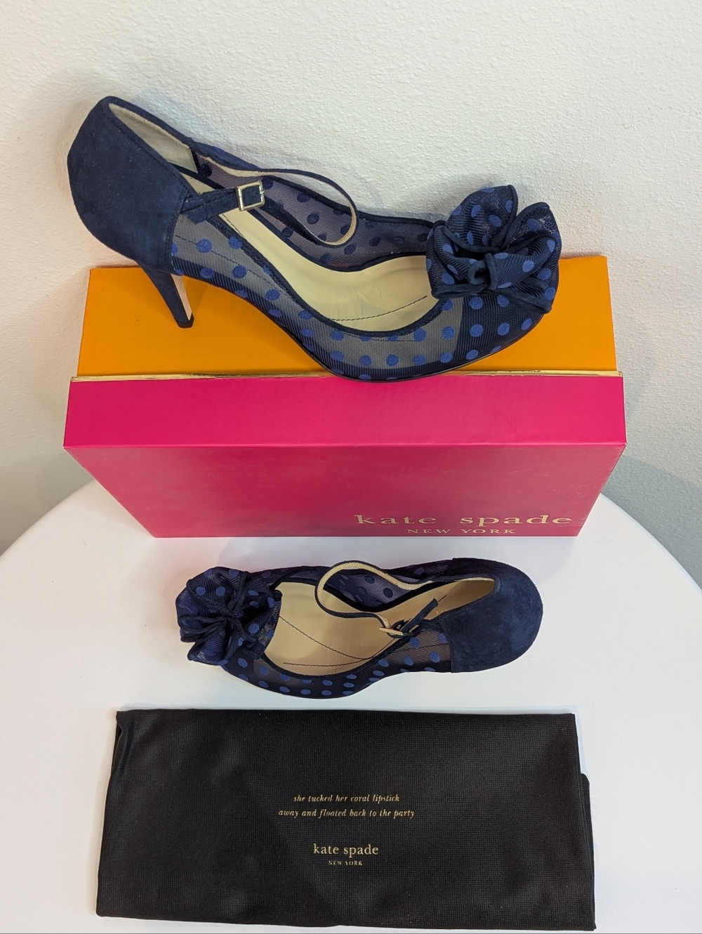Kate Spade Didi Navy Polka Dot Mesh Suede Bow Peep Toe Heels Sz 8.5 w/Box